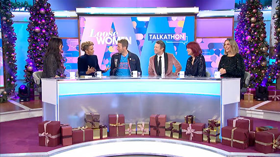 Loose Women panellists Christine Lampard, Dame Kelly Holmes, Janet Street-Porter and Frankie Bridge are chatting to Chris Martin and Jamie Oliver behind the Loose Women desk as part of the 25-hour Talkathon.