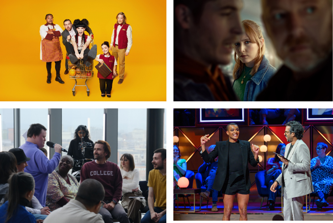 Four promotional images from ITV shows. Top left, cast of Transaction. Top right, a shot from ITV drama ‘Code of Silence’ featuring a cinematic close-up of three people with actress Rose Ayling-Ellis in the centre. Bottom left, cast of The Assembly surrounding and interviewing David Tennant. Bottom right, presenter Romesh Ranganathan and actor Layton Williams on the set of Romesh Ranganathan's Parents Evening.