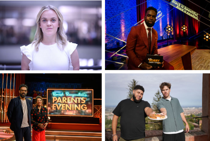 Four promotional images from ITV shows. Top left, Ellie Simmonds stands in front of a blurred background to promote ‘Ellie Simmonds: Finding My Secret Family.’  Top right, host Jimmy Akingbola sits on a desk on the set of ‘Sorry, I Didn’t Know’ holding a cue card. Bottom left, Romesh Ranganathan stands next to his mother, Shanthi Ranganathan on the set of ‘Romesh Ranganathan’s Parents’ Evening.’ Bottom right, Big Zuu stands next to Will Poulter jointly holding up a plate of food, as part of his show ‘Big Zuu’s 12 Dishes in 12 Hours.’