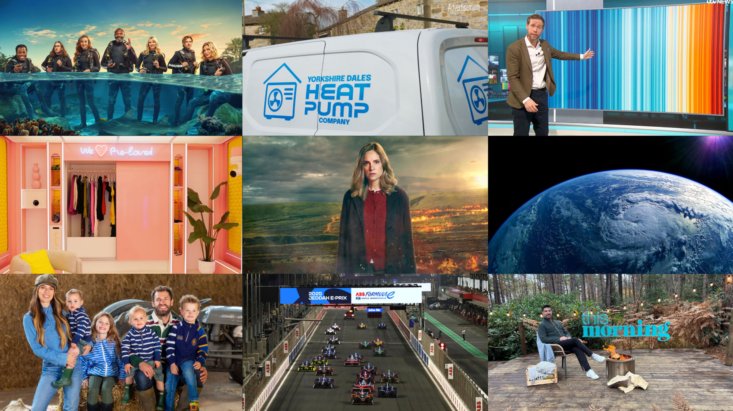 A montage of photos showing ITV’s climate action highlights across their programming. From top left: Vera, After The Flood, Emmerdale, ITV News, Cooking With The Stars, Big Brother, Love Island x eBay, Coronation Street and Loose Women.