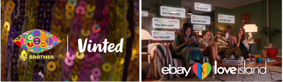 Big Brother, Vinted, Ebay and Love Island logos. People sit on a sofa, over their heads eBay messages say ‘Your item sold!’