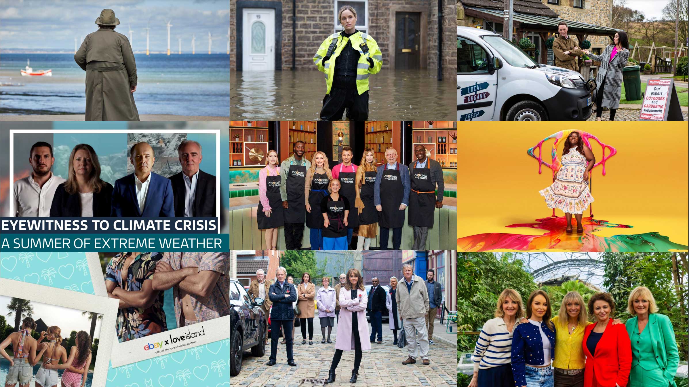 A montage of photos showing ITV’s climate action highlights across their programming. From top left: Vera, After The Flood, Emmerdale, ITV News, Cooking With The Stars, Big Brother, Love Island x eBay, Coronation Street and Loose Women.