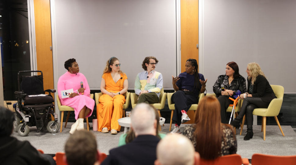 From left to right, Clara Holmes, Stephanie Symington, Richard Walker, Natalie Rose, Courtney Daly and Kathy Daly are sat on stage for a panel for Fresh Cuts.